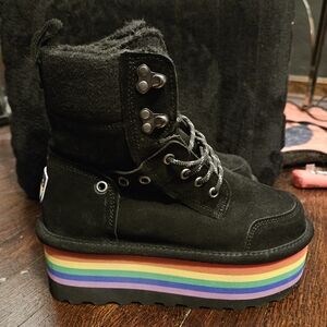BearPaw Black Platform Boots with Rainbow Sole